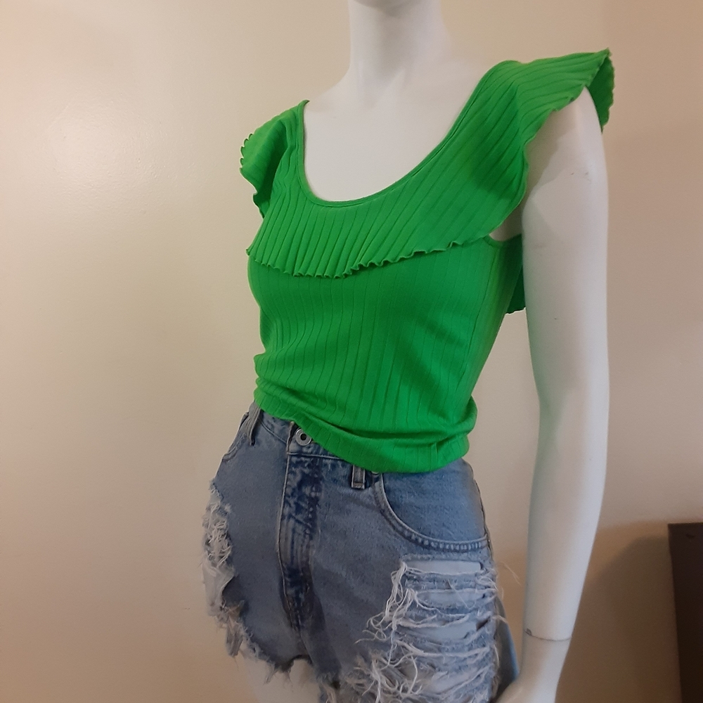 BP. NORDSTROM Lime Green Ripped Ruffle Top